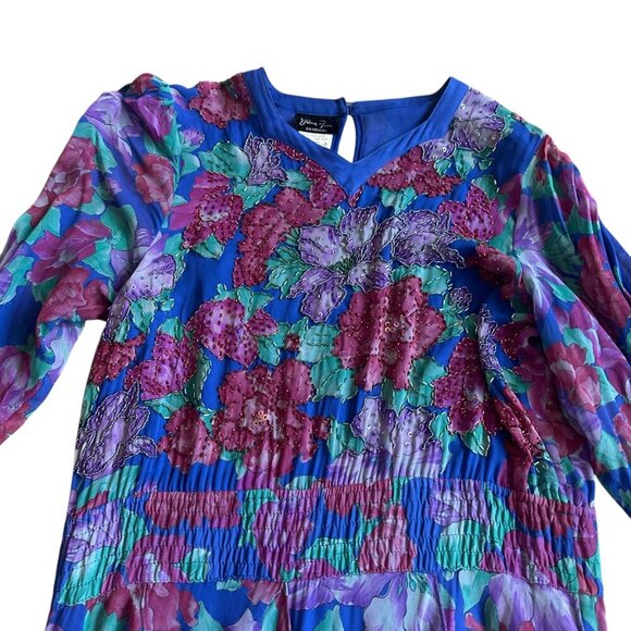 Diane Freis Vintage Floral Dress Beaded Long Sleeve 100% Silk Dancing Size Large - Picture 2 of 12